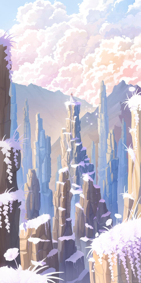 Lootus is standing on top of some rocky pillars. White flowers and vines are growing all around. The clouds are colorful and fluffy.