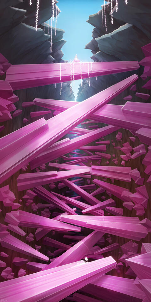 Lootus is in the middle of a huge crevice, standing ontop of a huge pink crystal. The pink crystals line up the entirety of the crevice, making bridges from one side to the other. White flowery vines are growing from where Lootus is standing.