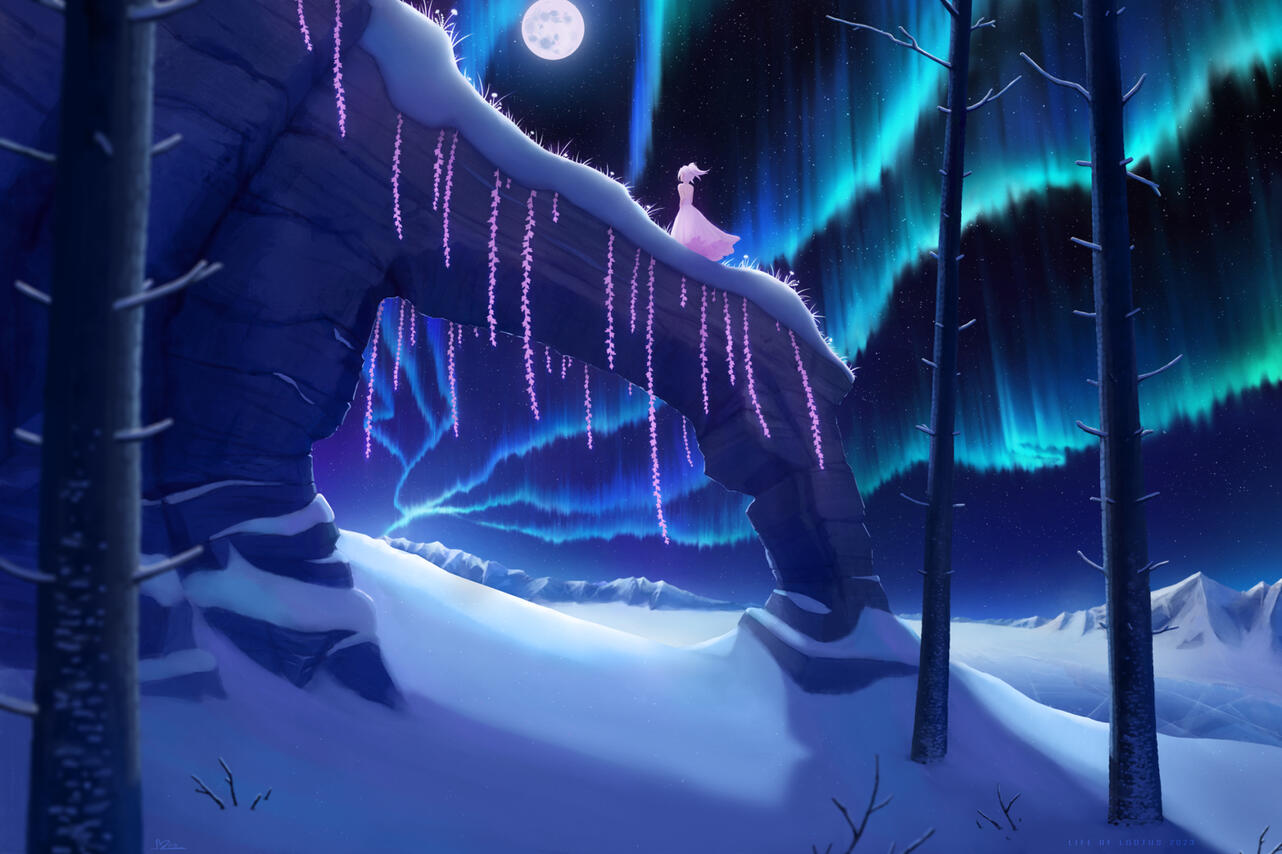 Lootus stands on top of a rock formation looking at the full moon. It's winter and there's northern lights.