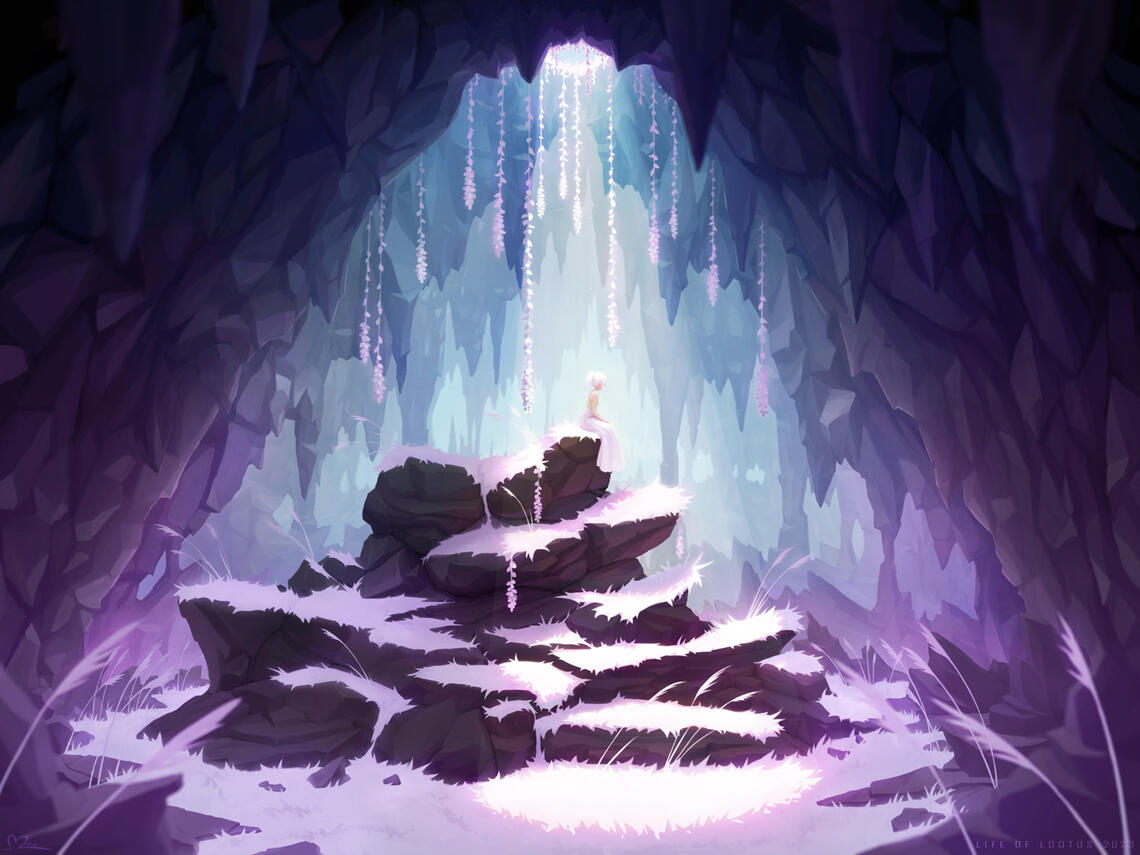 Lootus is sitting inside a big cave. White flowers and grass surround her. Sunlight is coming through a crack above her.