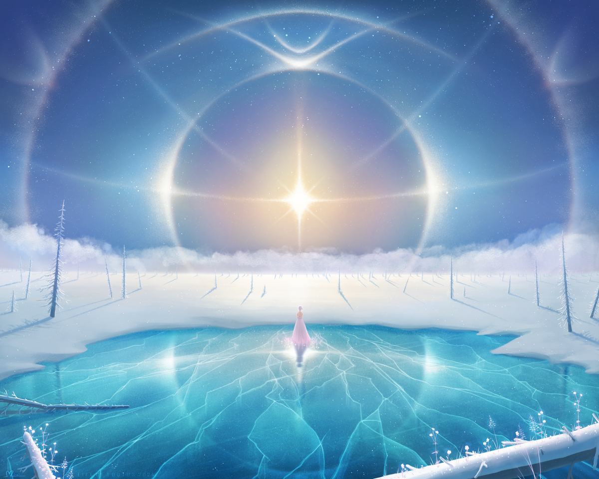 Lootus is looking at a light phenomena called a Sundog. She's standing on top of cracked ice in a snowy desert.