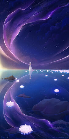 Lootus among lotus flowers while the sky and she are being reflected from the water