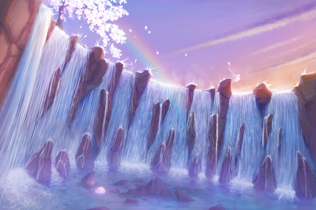 Lootus is standing ontop of a rock above a waterfall. The wind is blowing. There's a tree and it's white leaves are falling from the wind. The waterfall causes a rainbow.